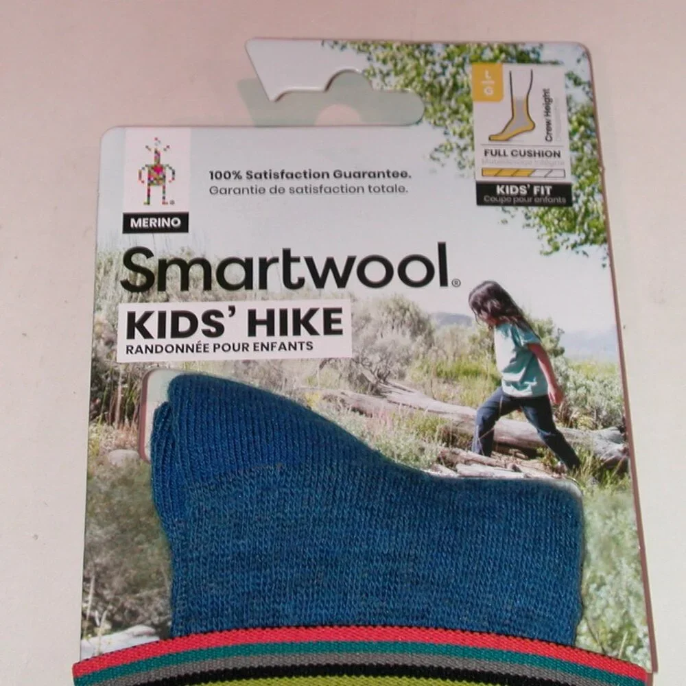 3 Pairs SmartWool Kids Hike Full Cushion Striped Crew Socks LG Laguna Blue NWT